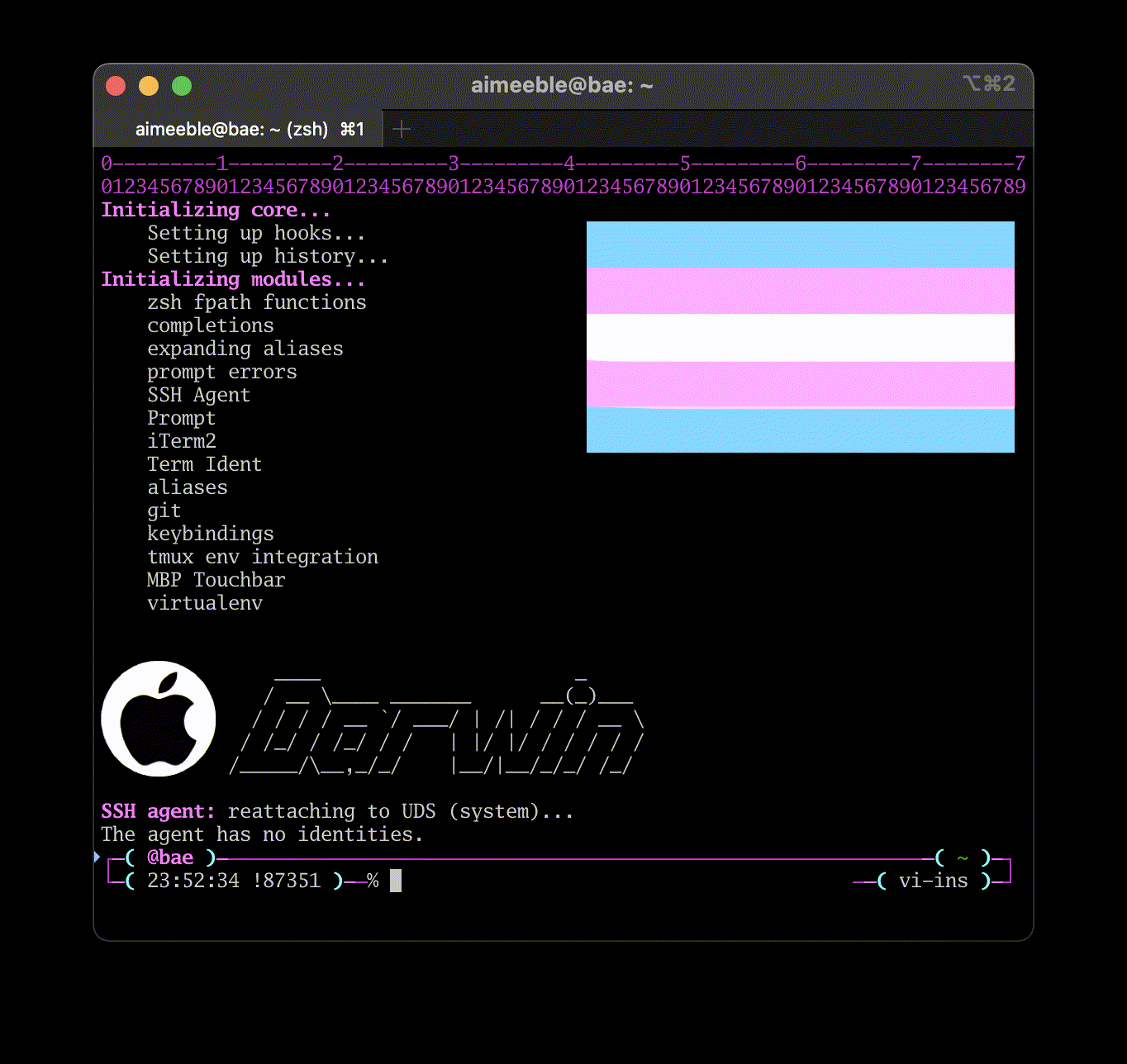 iTerm2 showing various text images next to a loading shell prompt (animated)